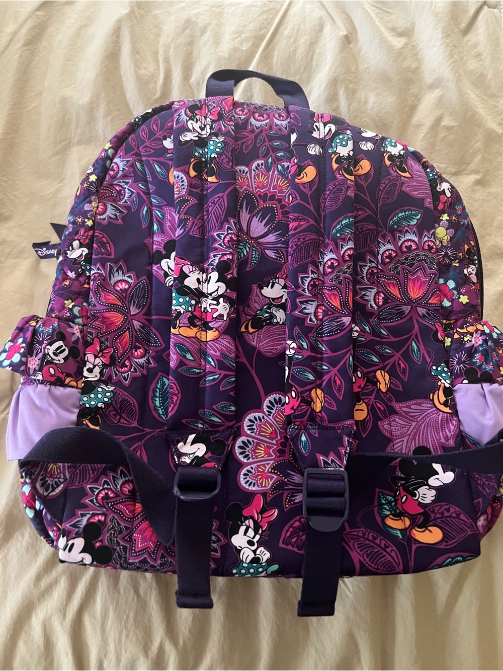 Vera Bradley Minnie Mouse Backpack Quilted Purple Floral Backpack with Bow Ears - Picture 3 of 4